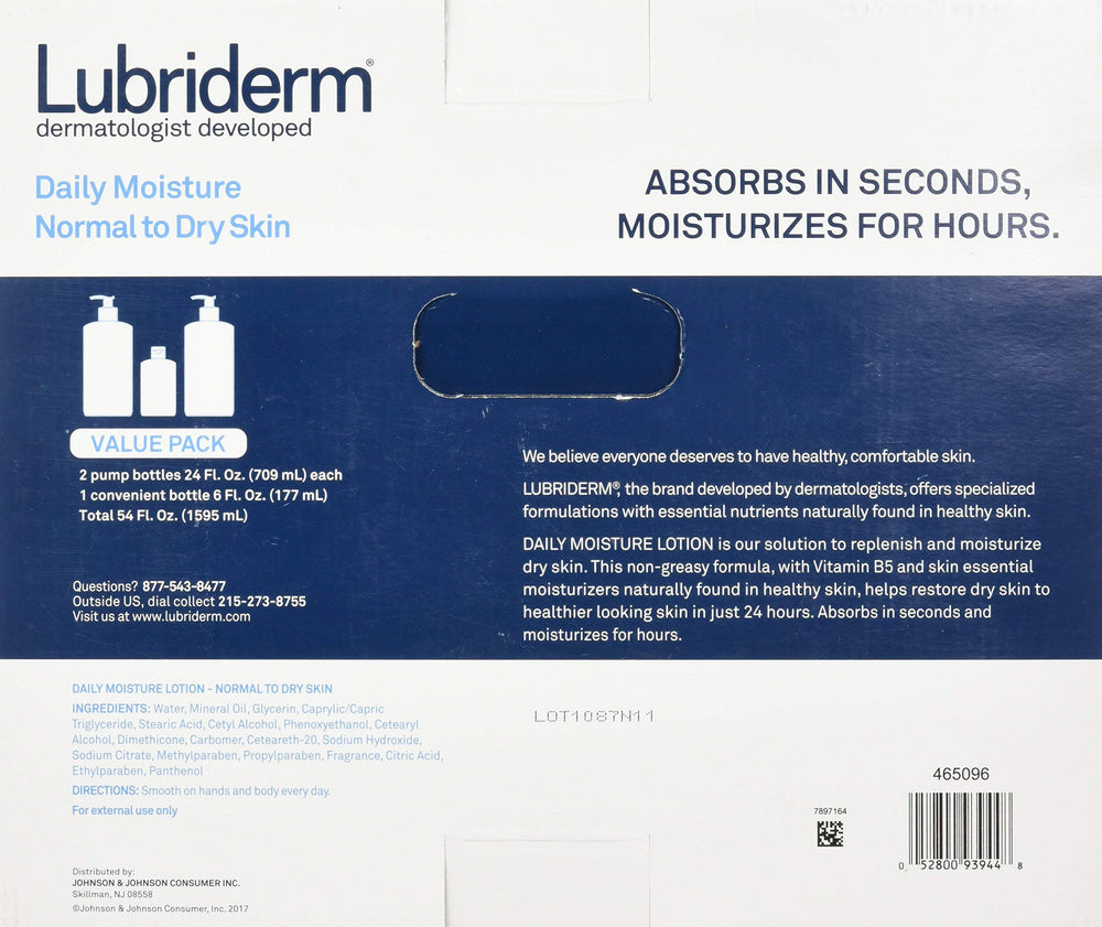 Lubriderm Daily Moisture Lotion Value Pack 2/24oz + 1/6oz = Total of 54 Oz.