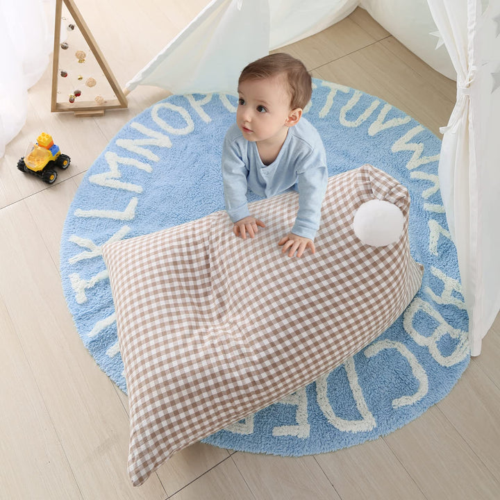 ABC Rug for Kids Room Circle Nursery Rug for Baby Boy and Girl - Neutral Cotton Alphabet Rug Round Kids Rug Toddler Playroom Rug, Letter Reading Carpet 47 Inches