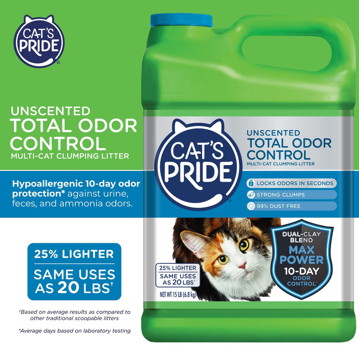 Cat&#39;s Pride Max Power: Total Odor Control - Up to 10 Days of Powerful Odor Control - Strong Clumping - Hypoallergenic - 99% Dust Free - Multi-Cat Litter, Unscented, 15 Pounds