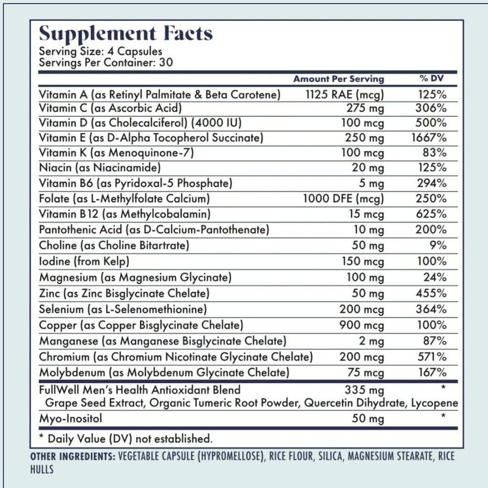 Men's Daily Multivitamin with Vitamin D, Antioxidants, Choline, and B Vitamins for Optimal Sperm Quality, Hormone Health, and Overall Male Fertility, 3rd Party Tested, 30 Servings