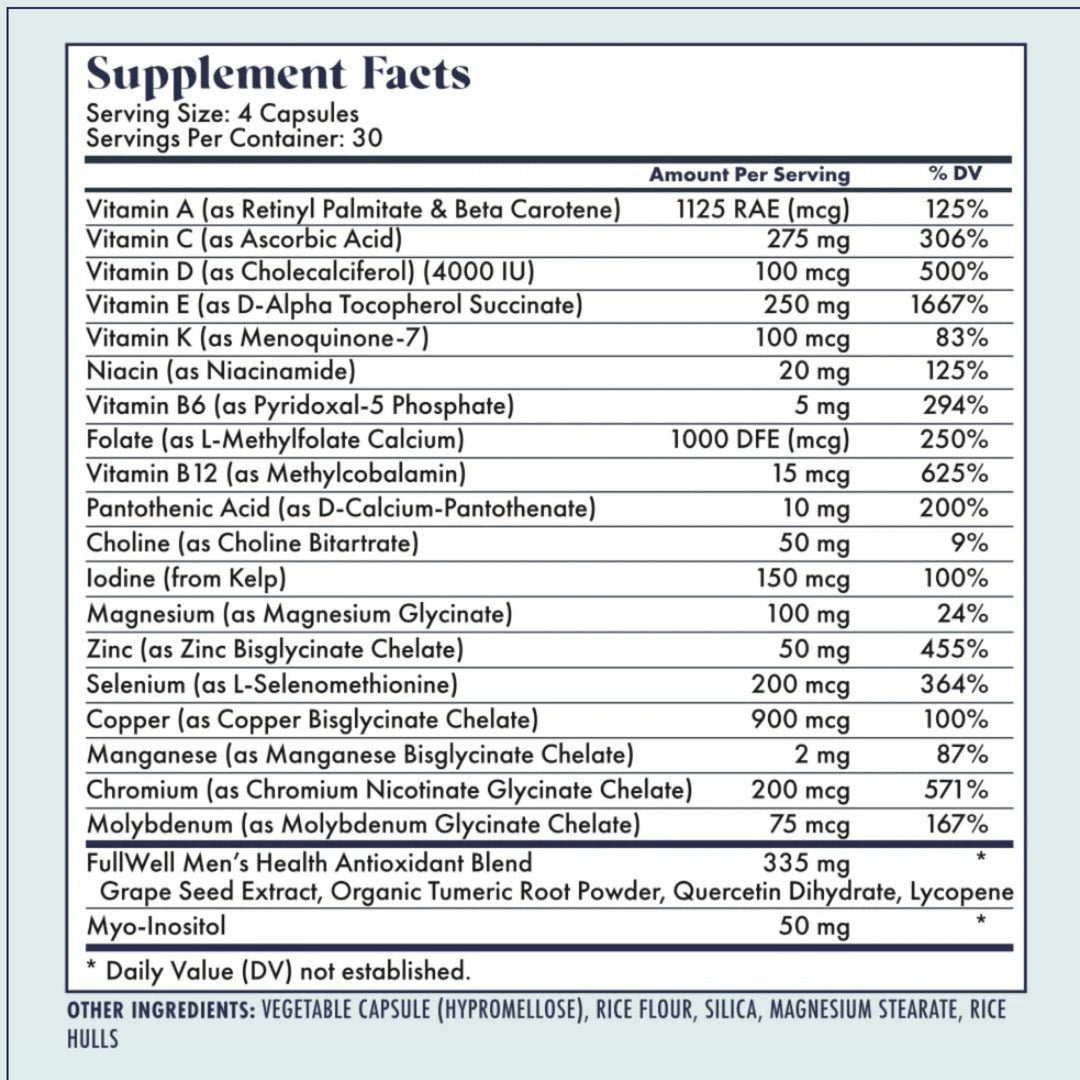 Men&#39;s Daily Multivitamin with Vitamin D, Antioxidants, Choline, and B Vitamins for Optimal Sperm Quality, Hormone Health, and Overall Male Fertility, 3rd Party Tested, 30 Servings