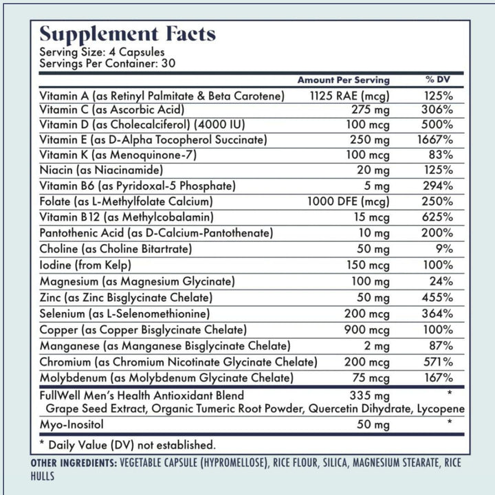 Men&#39;s Daily Multivitamin with Vitamin D, Antioxidants, Choline, and B Vitamins for Optimal Sperm Quality, Hormone Health, and Overall Male Fertility, 3rd Party Tested, 30 Servings