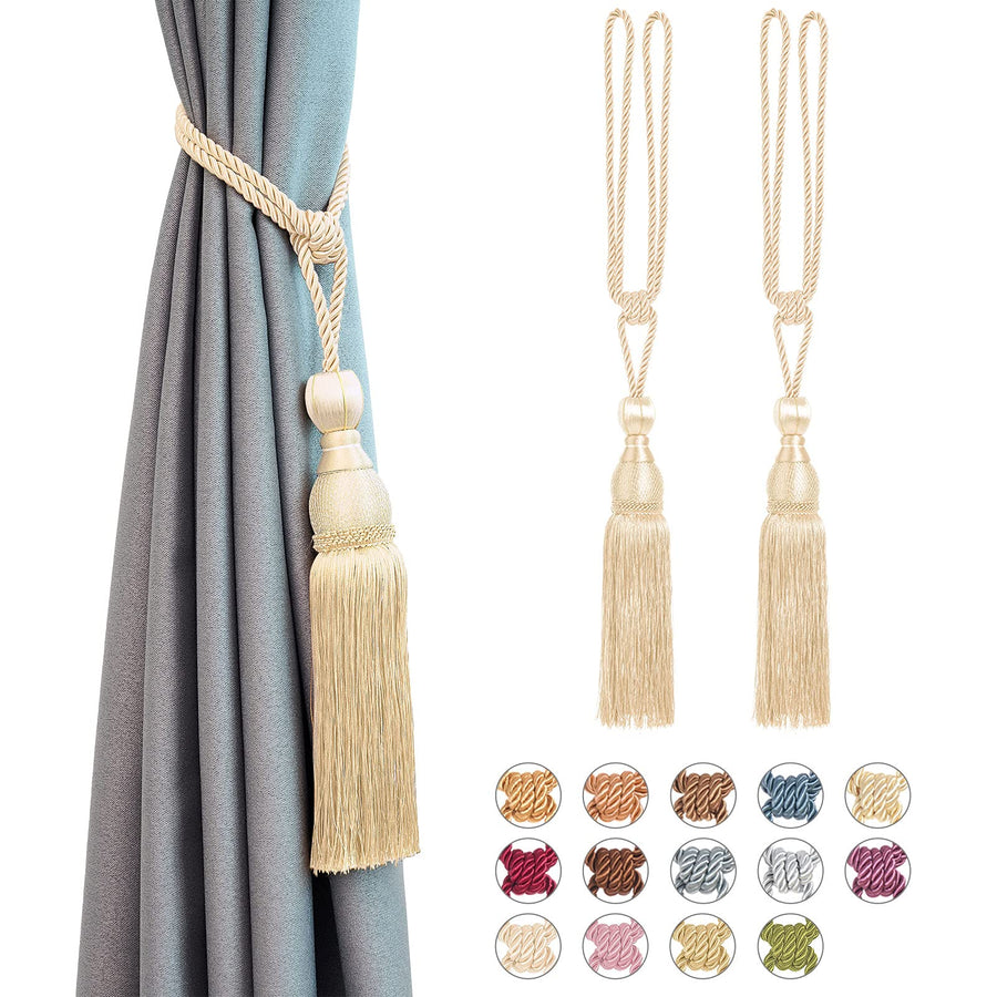 2 Pack Mesh Ball Tassel Curtain Tiebacks European Vintage Style High-Grade Curtain Holdbacks Handmade Braided Rope Decorative Drape Tie Backs for Home and Office Window Drapery (Beige Pink)