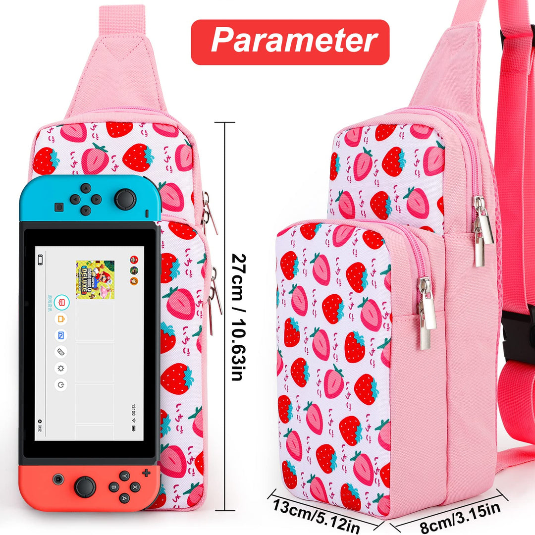 Cute Travel Bag for Nintendo Switch/ Lite / OLED, Portable Small Pink Strawberry Shoulder Carrying Storage Backpack for NS Consolo, Charging Dock, Joy-Cons, Accessories for Women Grils