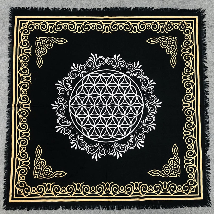 Altar Cloth Tarot Cards Table Napkins Witchcraft Supplies Black Gold Tablecloth Square Alter Pagan Spiritual Celestial Deck Cloth with Fringes, Flower of Life, 36x36 Inches