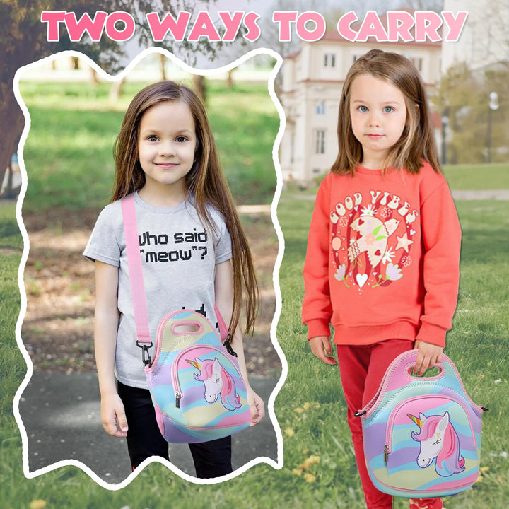 Lunch Bag for Kids, Chasechic Cute Lightweight Neoprene Insulated Lunch Boxes Tote with Detachable Adjustable Shoulder Strap (Unicorn)
