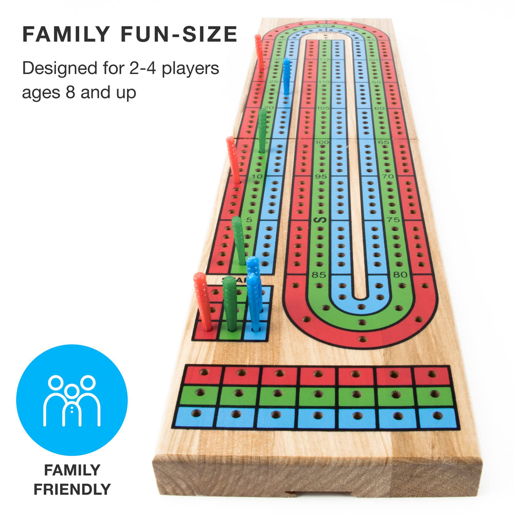 Cribbage Board Game Set - Traditional Wooden Board Game, Classic 3-Track Layout, Plastic Pegs - Standard Deck of Playing Cards Included - Folding Portable Storage