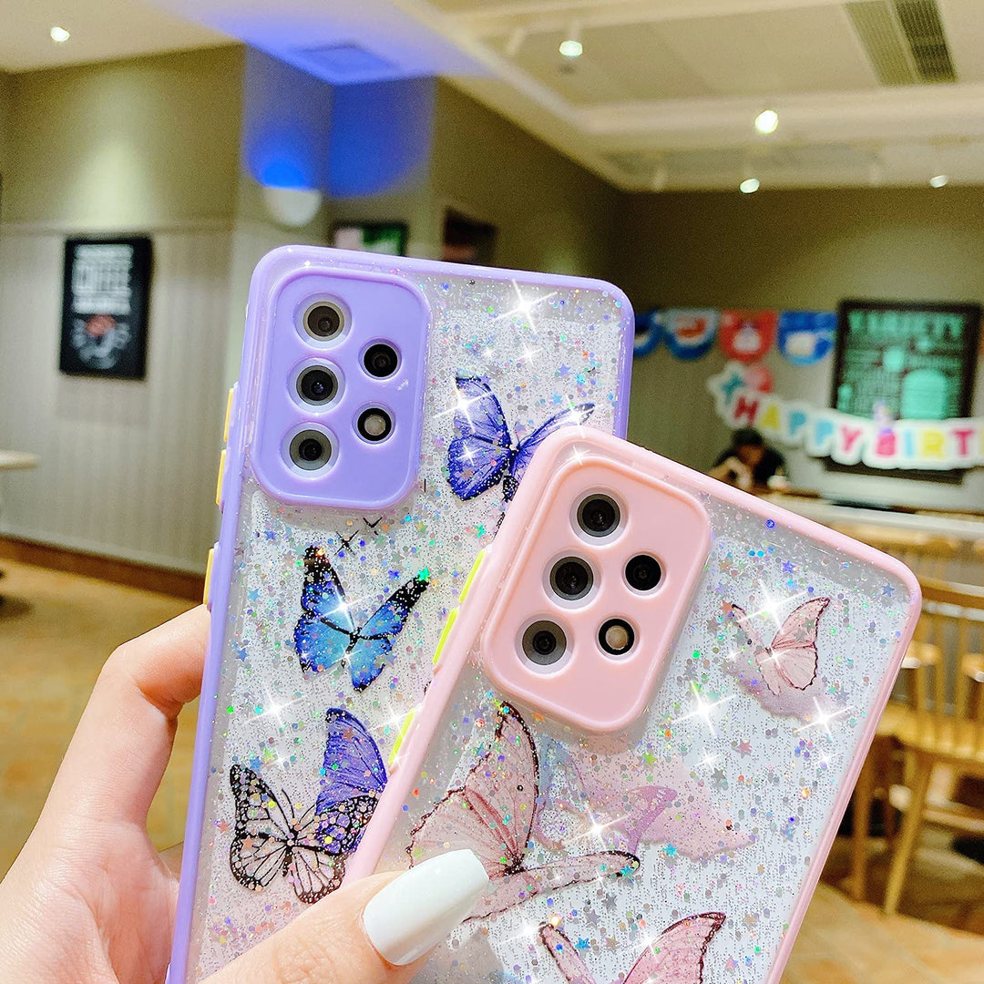 Compatible with Samsung Galaxy A52 4G/5G Case for Girls,Soft Slim Fit Full-Around Protective Cute Clear Sparkly Bling Star Butterfly Pattern Phone Case Glitter Cover for Samsung Galaxy A52 -Purple