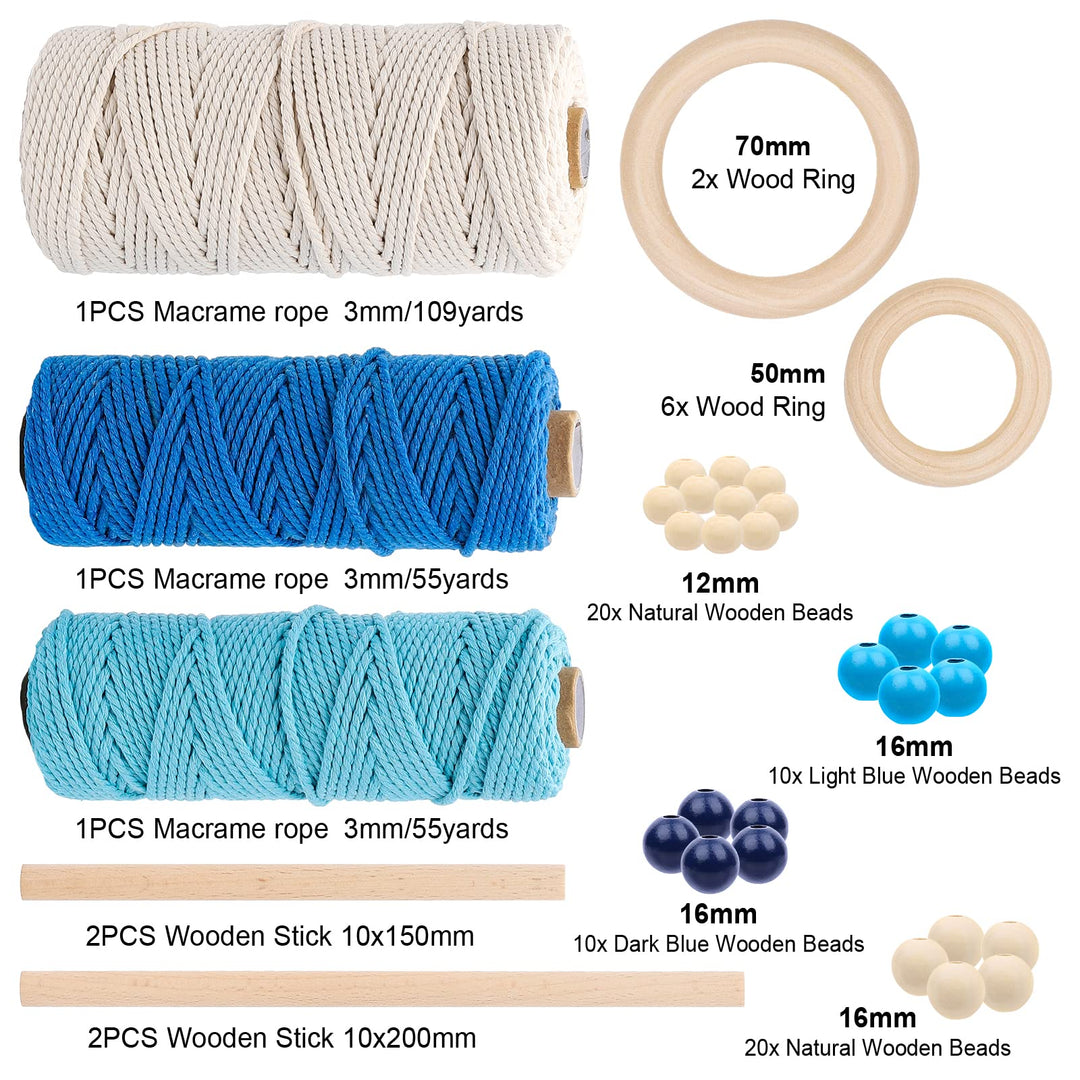 Macrame Cord Kits for Beginner 219 Yard Blue White Macrame Cord 60Pcs Wood Beads 8Pcs Wood Rings 4Pcs Wood Sticks for Plant Hanger Dream Catcher Rings DIY Craft Adults Supplies