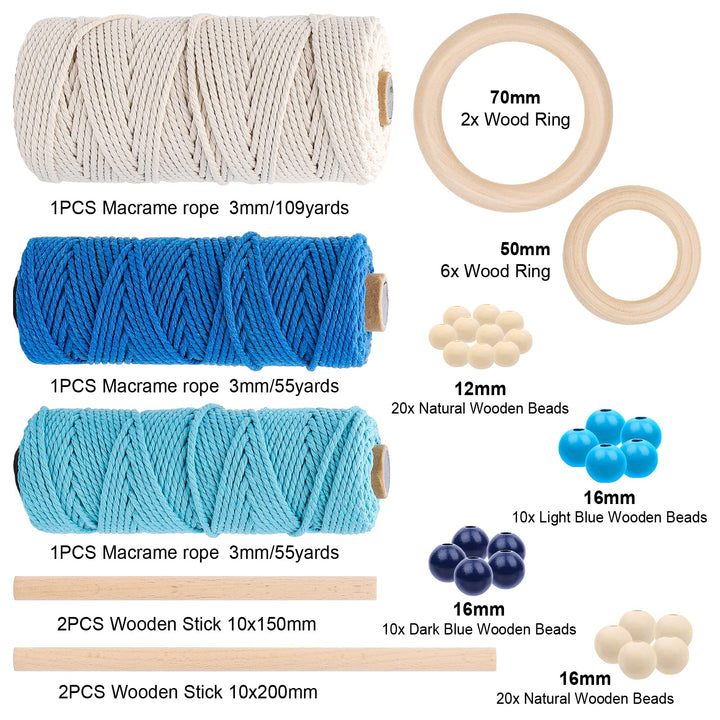 Macrame Cord Kits for Beginner 219 Yard Blue White Macrame Cord 60Pcs Wood Beads 8Pcs Wood Rings 4Pcs Wood Sticks for Plant Hanger Dream Catcher Rings DIY Craft Adults Supplies