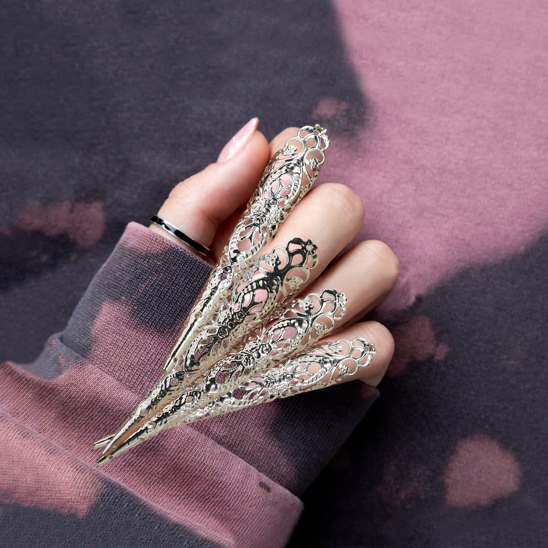 Mwoot 10 Pack Finger Nail Tip Claw Rings, Ancient Queen Costume Fingernail Claw Nail Rings Set, Knuckle Protectors Fingertip Claw for Halloween Cosplay Drama Belly Dance Show - Silver