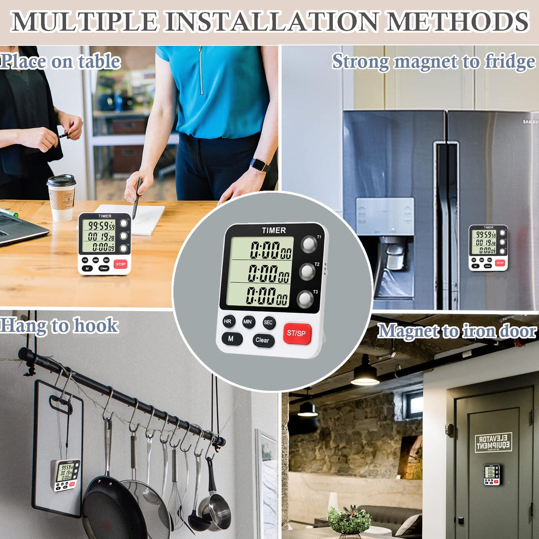 Digital 3 Channels Kitchen Cooking Multiple Timer with Large LCD Count Up Down Stopwatch ON Off Switch Timer for Teaching Reading 3-Level Adjustable Volume with Magnetic Back Battery Included