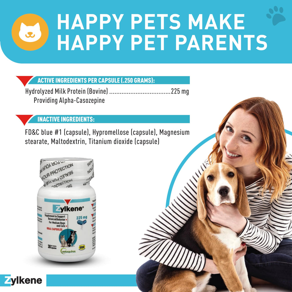 Zylkene Calming Support Supplement for Medium Dogs 33-65lbs Helps Promote Relaxation and Reduce External Stress Factors, Daily Behavioral Support and Anxiety Relief for Dogs, 225mg