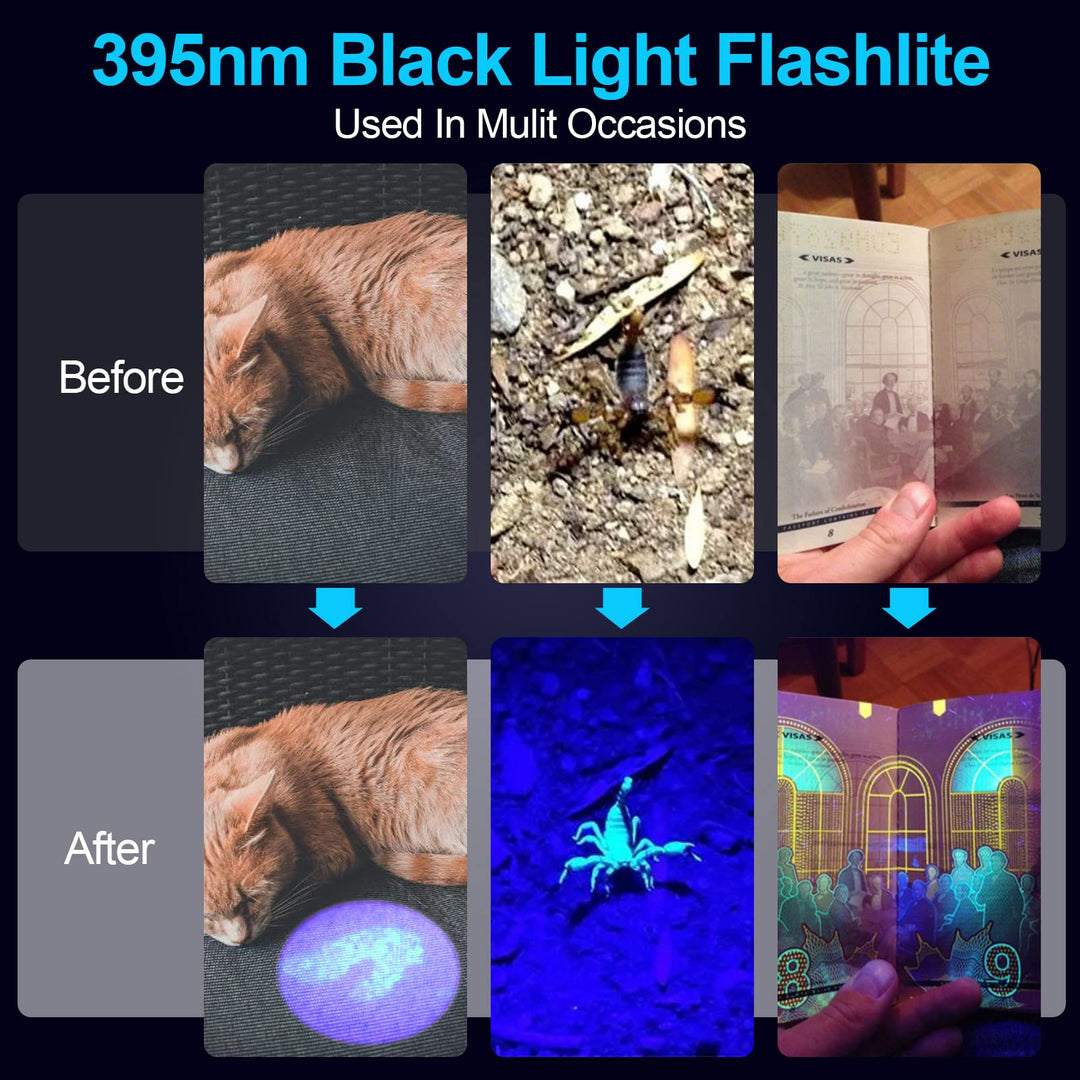 UV Flashlight Rechargeable,3 in1 Super Bright Tactical Flashlight LED UV Black Light&amp;Redlight,1200Lumen 7Modes, Zoomable, Waterproof for Pet Clothing Detection/Emergency/Camping,2 Pack