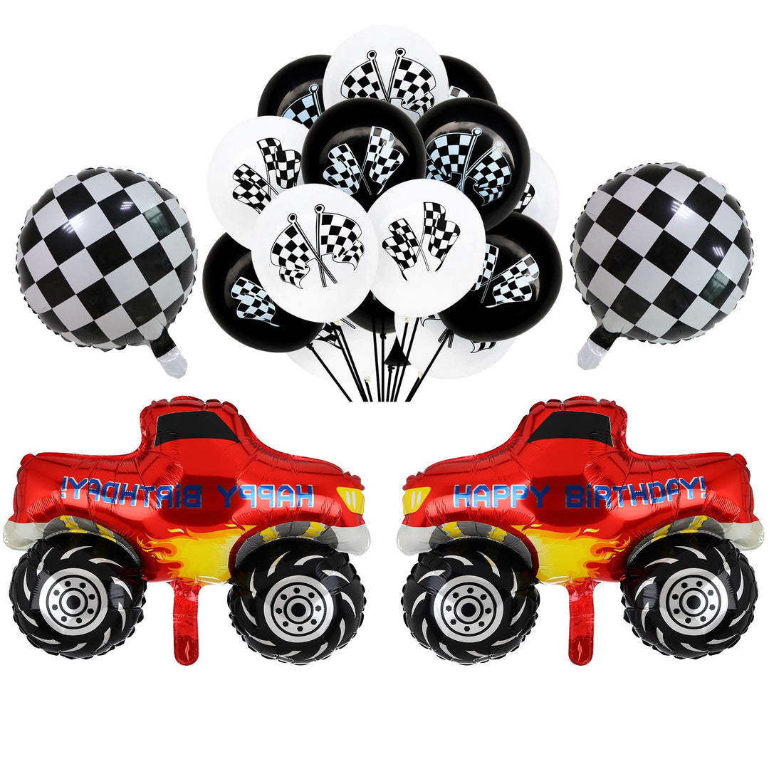 2 Pcs Monster Truck Mylar Foil Balloons Checkered Racing Car Flag Latex Happy Birthday Balloon Decoration kit