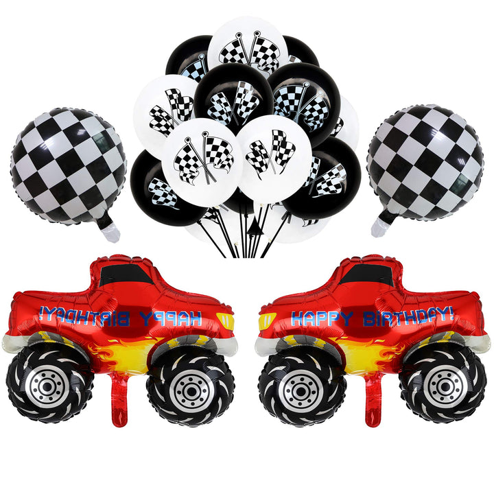 2 Pcs Monster Truck Mylar Foil Balloons Checkered Racing Car Flag Latex Happy Birthday Balloon Decoration kit