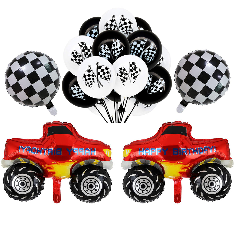 2 Pcs Monster Truck Mylar Foil Balloons Checkered Racing Car Flag Latex Happy Birthday Balloon Decoration kit