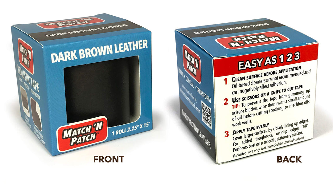 MATCH &#39;N PATCH Realistic Leather Repair Tape - Durable, Easy-to-Apply, Professional Grade, Versatile Use, Designed in North Carolina for Furniture Restoration &amp; DIY - Dark Brown, 2.25 inch x 15 feet