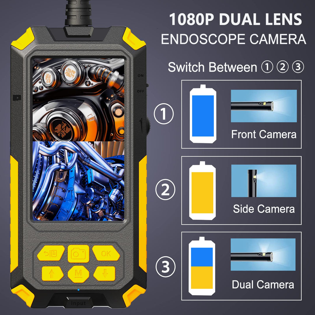 Dual Lens Endoscope Camera, 1080P HD Borescope Inspection Camera 4.5&#39;&#39; IPS Screen IP67 Waterproof Snake Camera with 8 LED Light, Semi-Rigid Cable,32GB Card and Helpful Tool (16.4FT)
