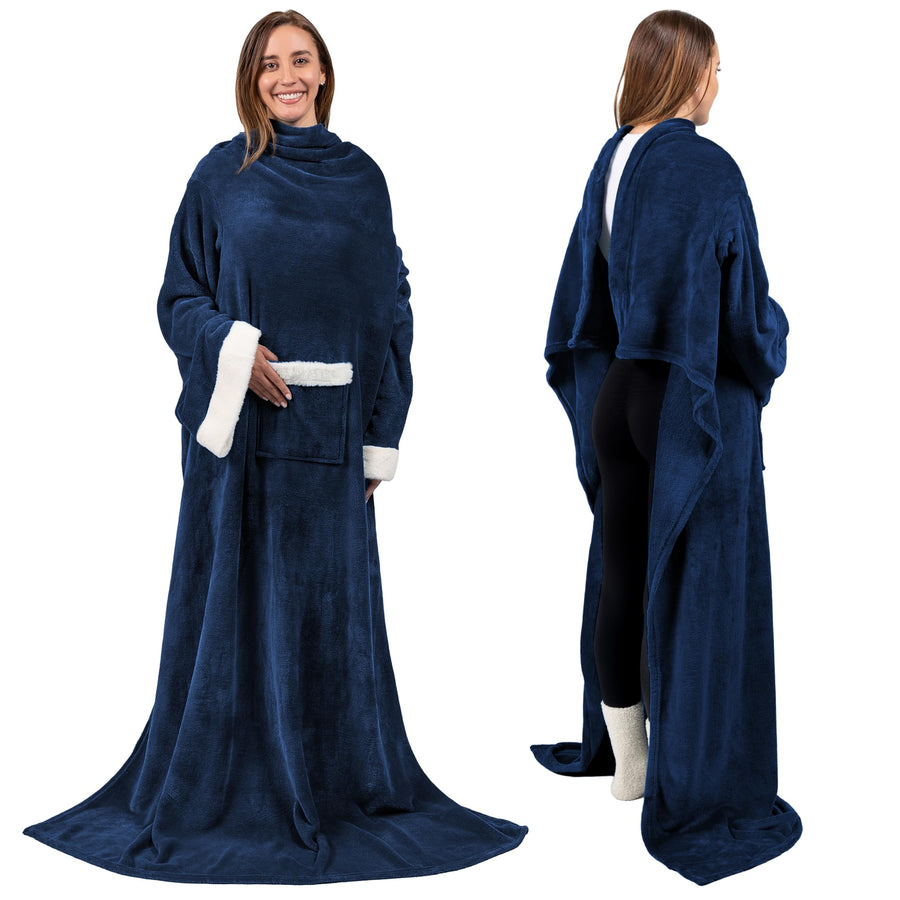 Fleece Blanket with Sleeves for Women Men Adults, Wearable Blanket Warm Soft Plush, Hug Sleep Pod Snuggle Pocket Sleeved TV Throw Wrap, Cozy White Elephant Gifts Ideas for Mom Wife, Navy Blue