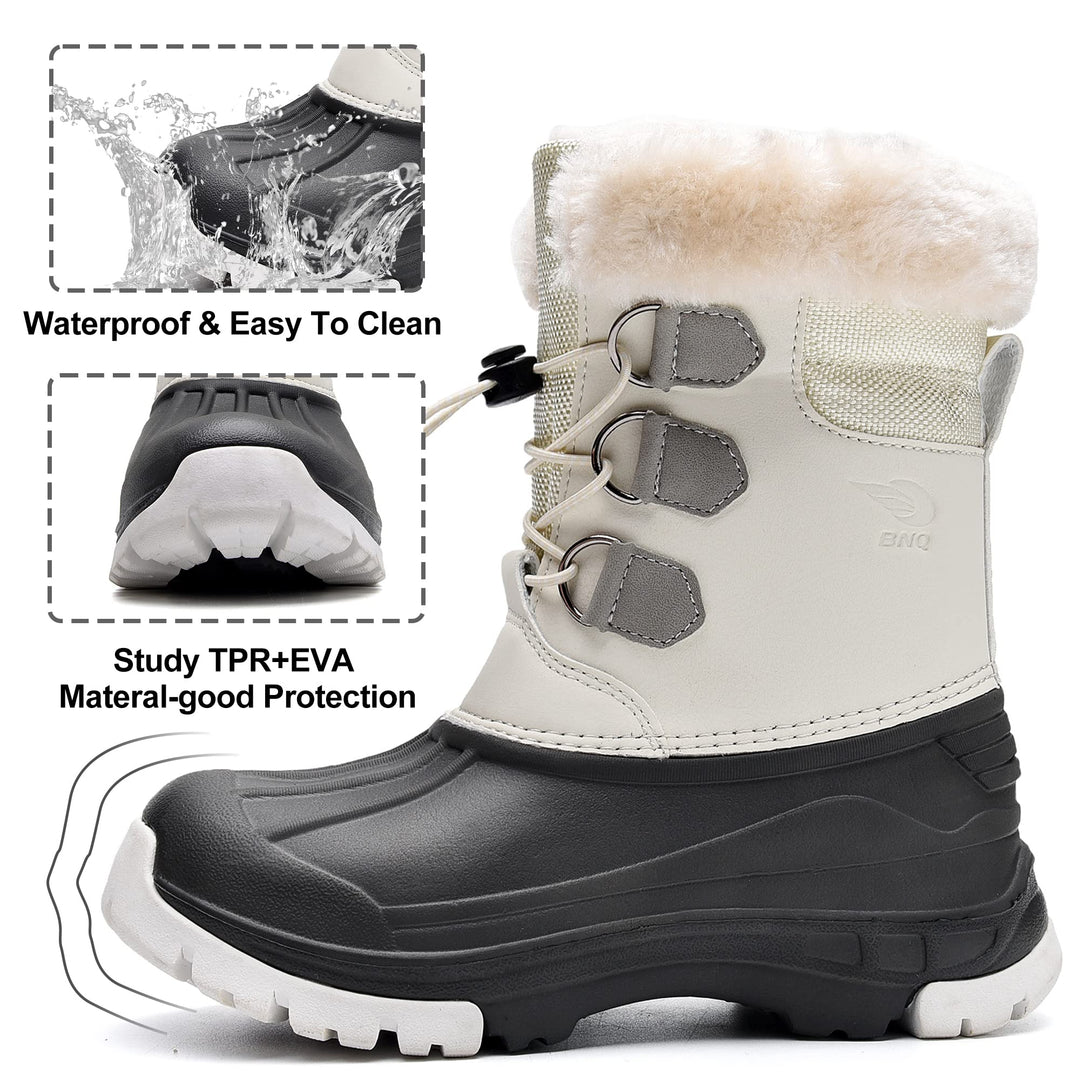 Kids Snow Boots Girls Boys Outdoor Boots Waterproof Ankle Winter Warm Boots with Fur Lined White