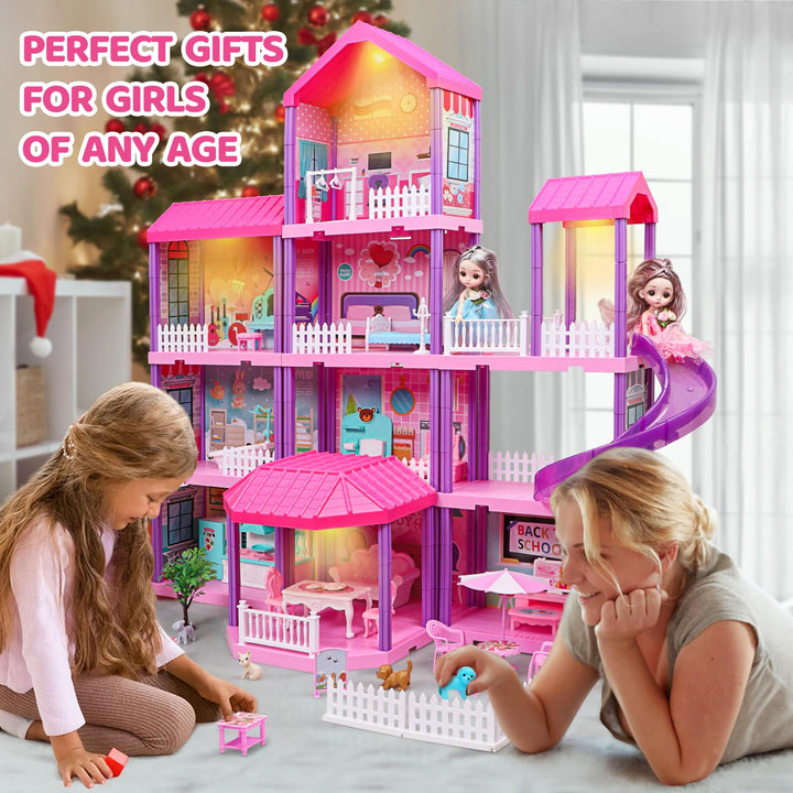 Doll House, Dream Dollhouse for Girls,Doll Houses 4-5 7-8 Year Old with 4 Stories -11 Rooms, 2 Dolls and Furniture, Princess Dollhouse 2024 Christmas Toy Gifts for 3 4 5 6 7 8+ Year Old Girls