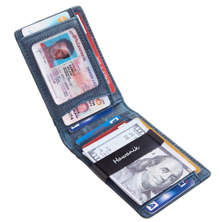 Hawanik Genuine Leather Wallet for AirTag Finder, Slim Bifold Wallet Money Clip with Built-in Holder for AirTag