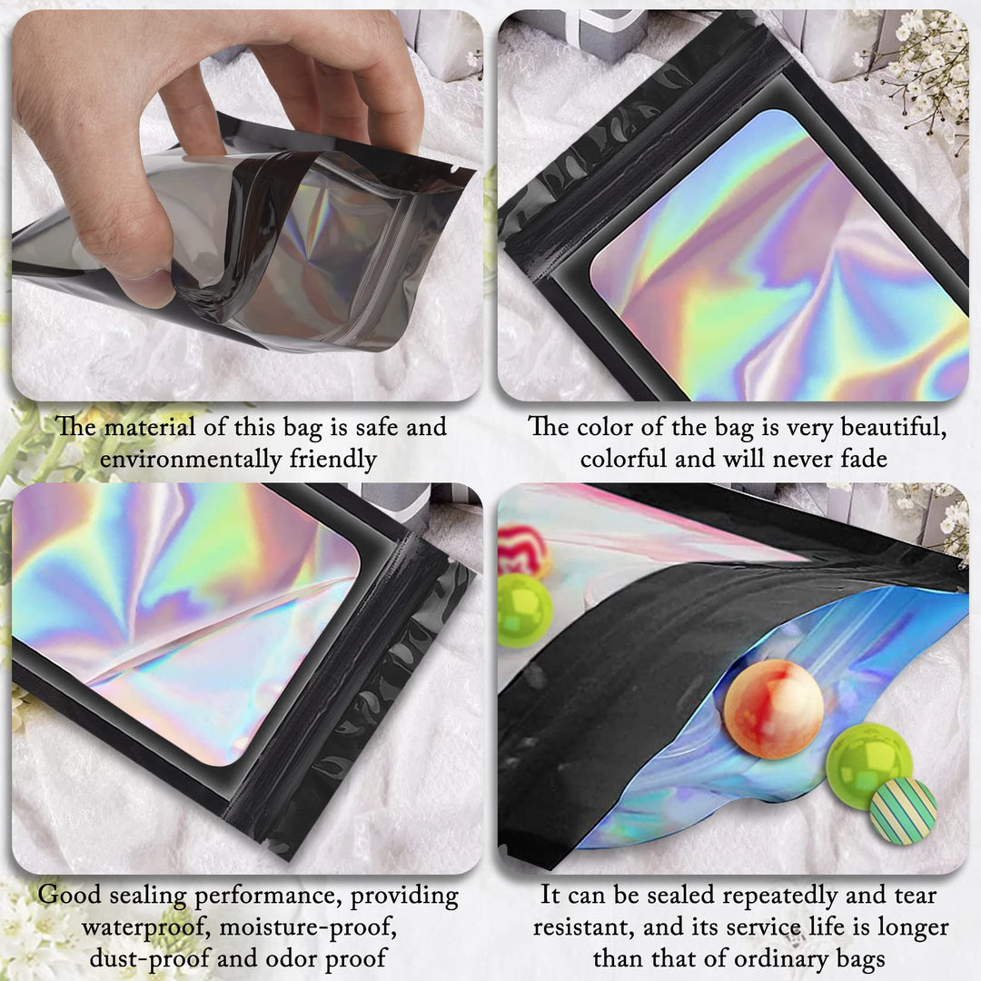100 Pack Holographic Bags, Smell Proof Packaging Bags, Clear Window Resealable Odor Foil Pouch Mylar Bags for Food Storage and Lipgloss, Jewelry Lash (Black, 4.3 x 7.5 Inch)
