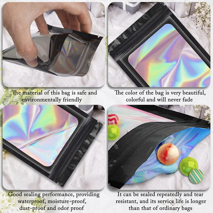 100 Pack Holographic Bags, Smell Proof Packaging Bags, Clear Window Resealable Odor Foil Pouch Mylar Bags for Food Storage and Lipgloss, Jewelry Lash (Black, 4.3 x 7.5 Inch)