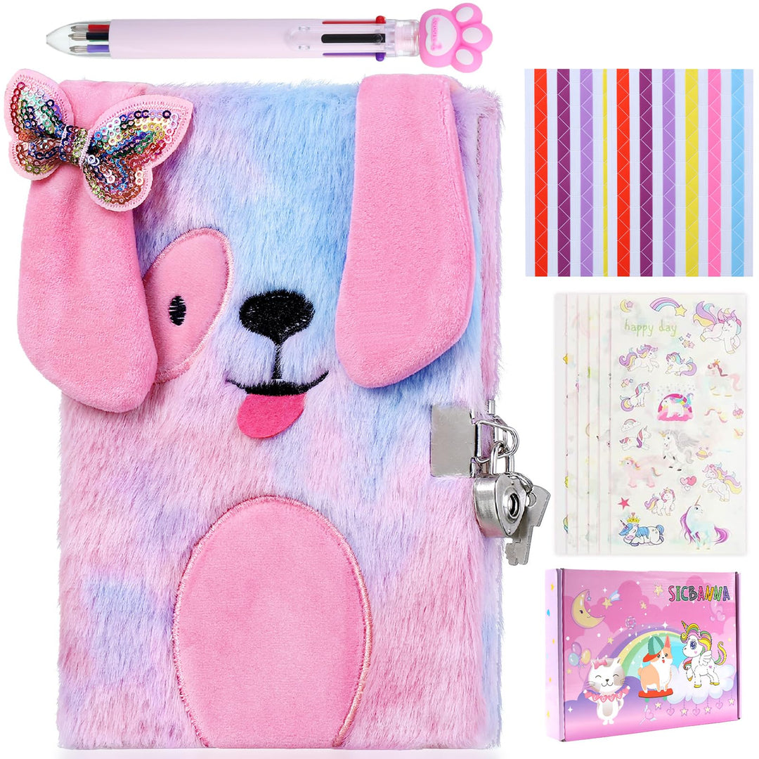 Diary for Girls with Lock and Keys, Plush Dog Secret Diary a Gift Set for Kids, Puppy Dog Diary for Boys Writing Drawing Notebook 160 Pages