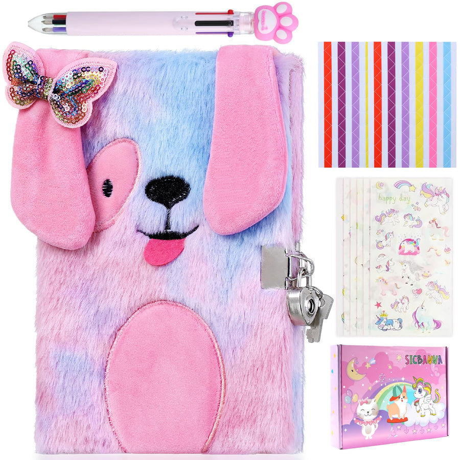 Diary for Girls with Lock and Keys, Plush Dog Secret Diary a Gift Set for Kids, Puppy Dog Diary for Boys Writing Drawing Notebook 160 Pages