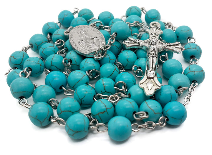 Sky Blue Marble Stone Beads Rosary Turquoise Beaded Necklace Catholic Miraculous Medal &amp; Jesus Cross