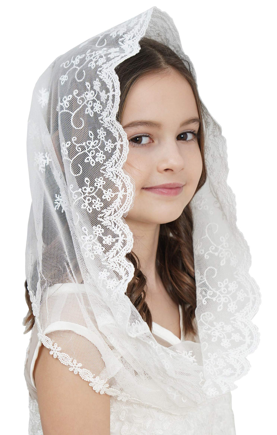Flowergirl Lace Veil Floret Edge Headband First Communion Veil Girls Lace Headwrap For Girls F07 (Ivory)