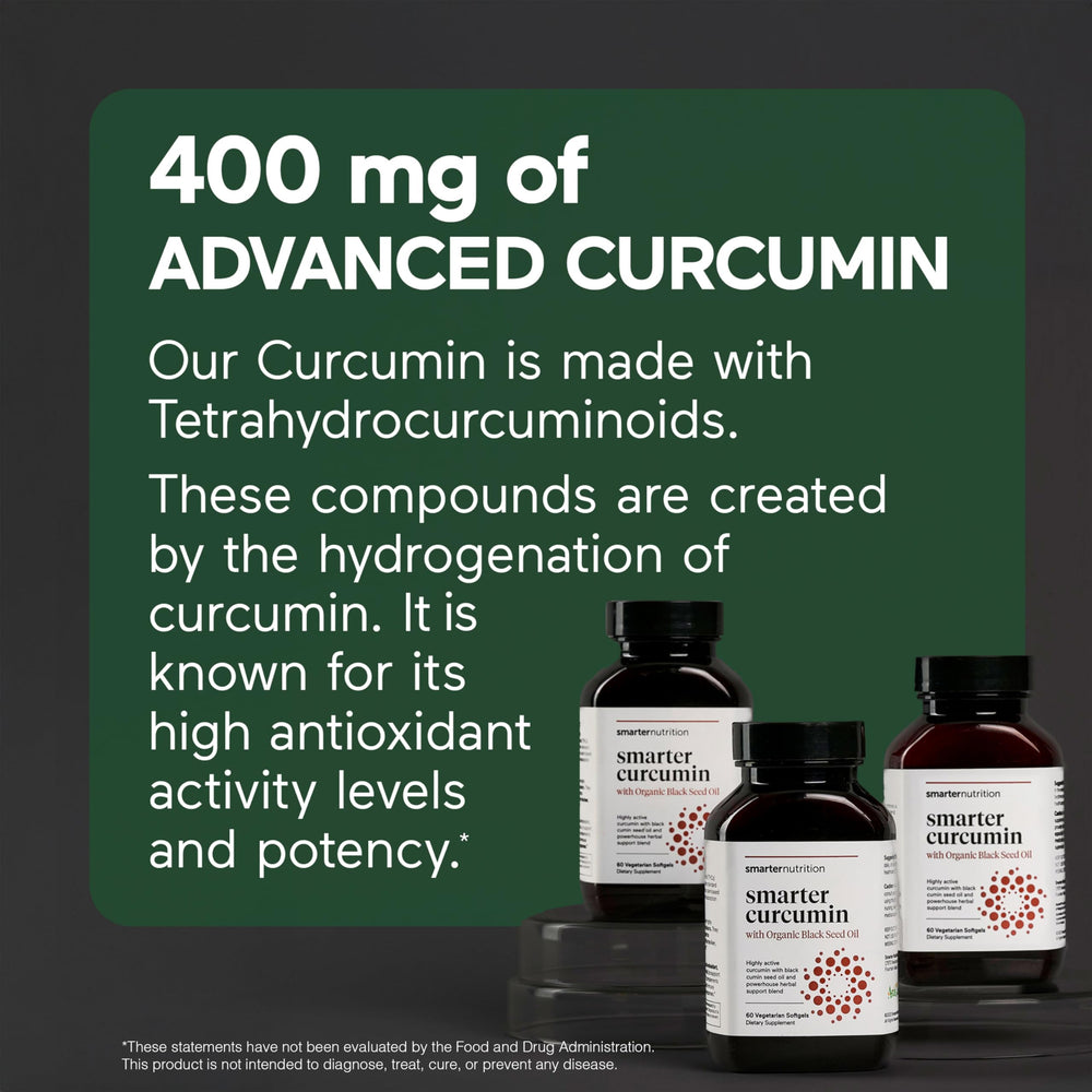 Smarter Nutrition Curcumin Softgels - Vegan High Absorption 400 mg Turmeric Supplement + Organic Black Seed Oil & Ginger - 95% Tetrahydrocurcuminoids Non-GMO, USA Manufactured - 60 Ct[30 Servings]