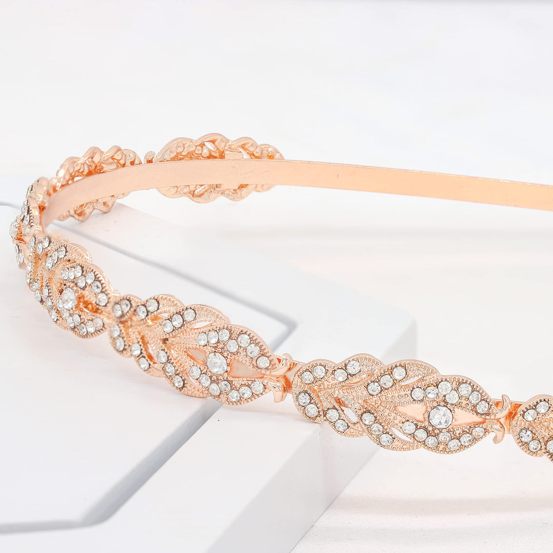 Ammei Headpiece Ammei Rose Design Rhinestone Crystal Wedding Headband Bridal Headpieces Simple Design Bridal Headband (Rose Gold)