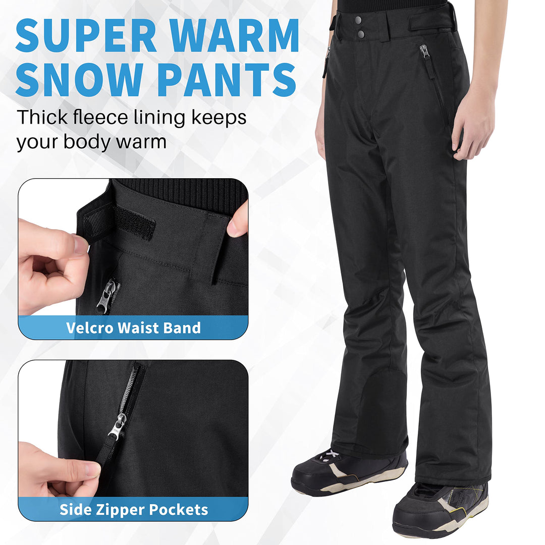 Winter Waterproof Snow Pants: Insulated Fleece Lined Ski Pants for Men Women - Super Soft Outdoor Hiking Pants with Zipper Pockets XXL Black
