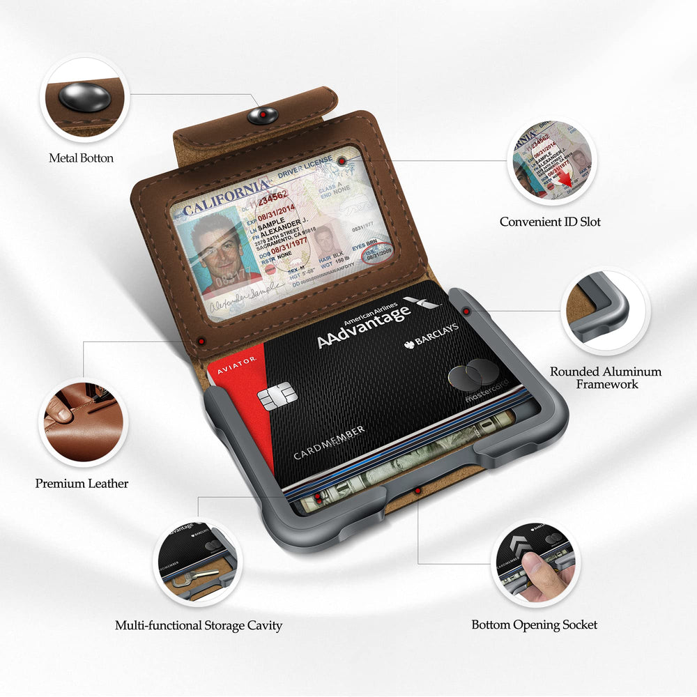 MURADIN Chocolate Front Pocket Wallet for Men Travel Tactical bifold RFID Blocking Aluminum Metal Leather Money Cards Holder Ideal Men's Gift