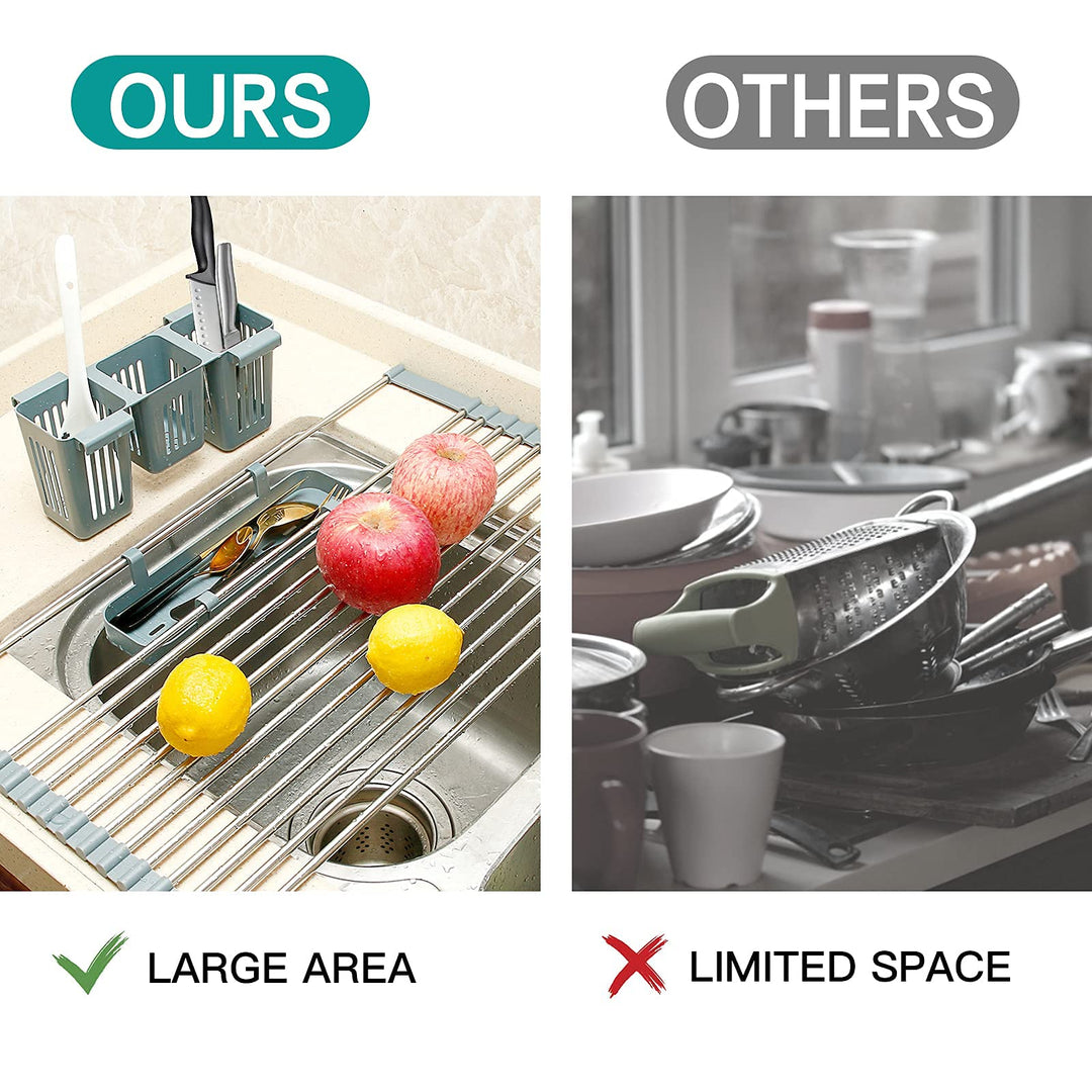 Roll Up Dish Drying Rack, 23&#39;&#39; Stretchable Roll up Sink Rack,with 2 Storage Baskets, Foldable Stainless Steel Dish Drainer for Kitchen Sink,for Kitchen Dishes,Fruits,Forks
