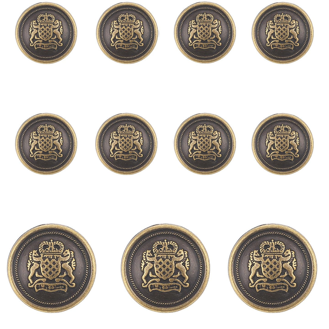 11 Piece Antiqued Bronze Metal Blazer Button Set - Crown Lion- for Blazer, Suits, Sport Coat, Uniform, Jacket(Bronze)