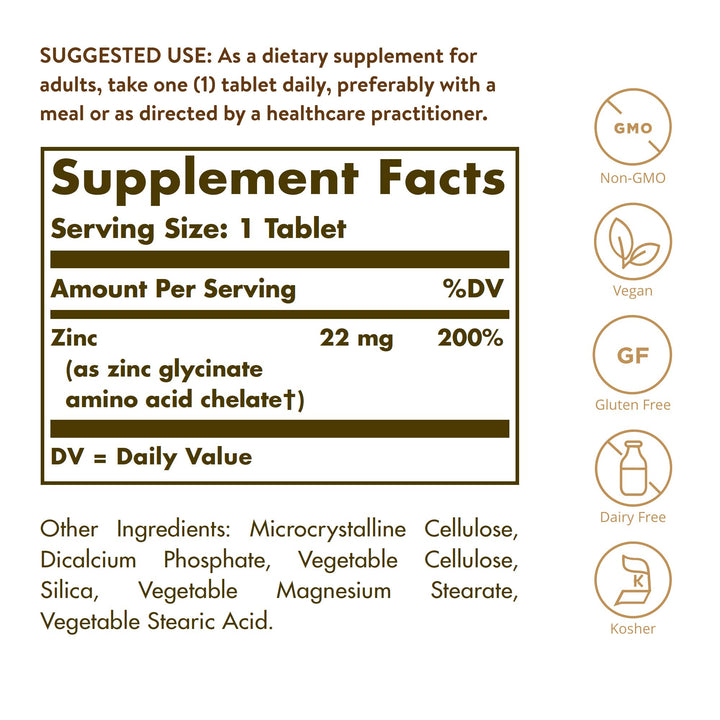 Solgar Chelated Zinc, 250 Tablets - Zinc for Healthy Skin - Supports Cell Growth &amp; DNA Formation - Exerts Antioxidant Activity - Supports A Healthy Immune System - Non GMO, Vegan - 250 Servings