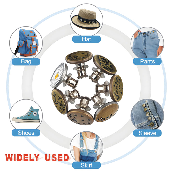 FlyingLeaves 12PCS Metal Jeans Button Replacement Kit - Easy Install Snap Buttons for Denim, Adjustable Waist, No Sew Tool-Free Fasteners, Durable &amp; Removable Jean Button Pins for Pants, Jackets