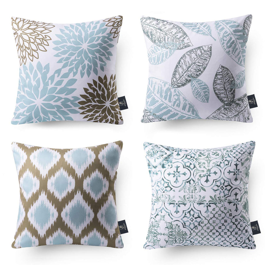Set of 4 New Living Series Leaf Geometric Blue and Coffee Throw Decorative Pillow Cover Cushion Cover 18 x 18 inches 45 x 45 cm
