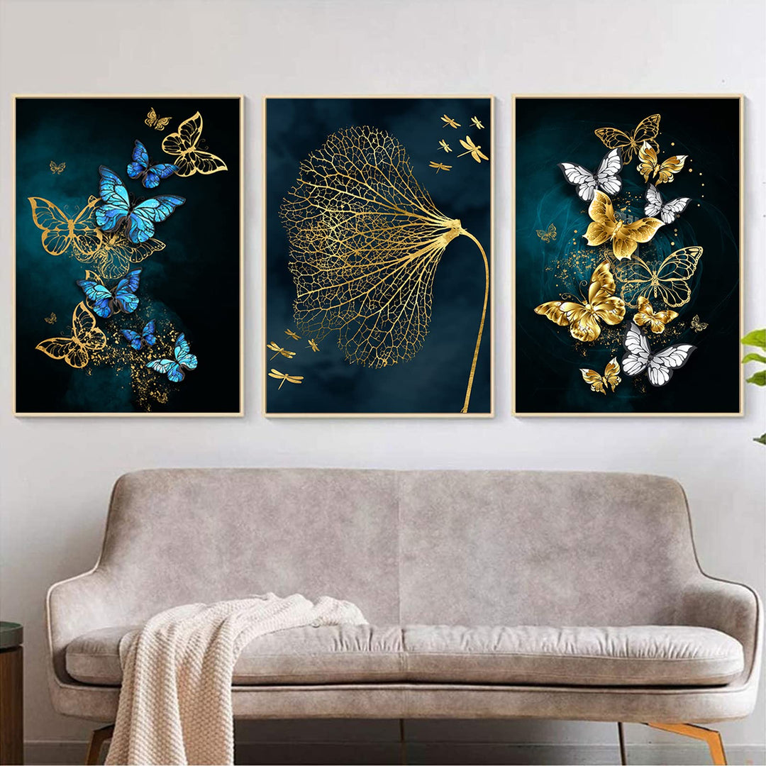 Painting On Canvas Wall art Modern Minimalist Poster Blue Gold Butterfly Mural Decoration for Living Room Home Decor No Frame (20X28inchX3 Unframed)