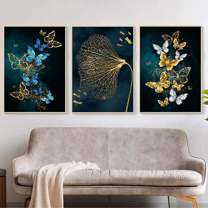 Painting On Canvas Wall art Modern Minimalist Poster Blue Gold Butterfly Mural Decoration for Living Room Home Decor No Frame (20X28inchX3 Unframed)