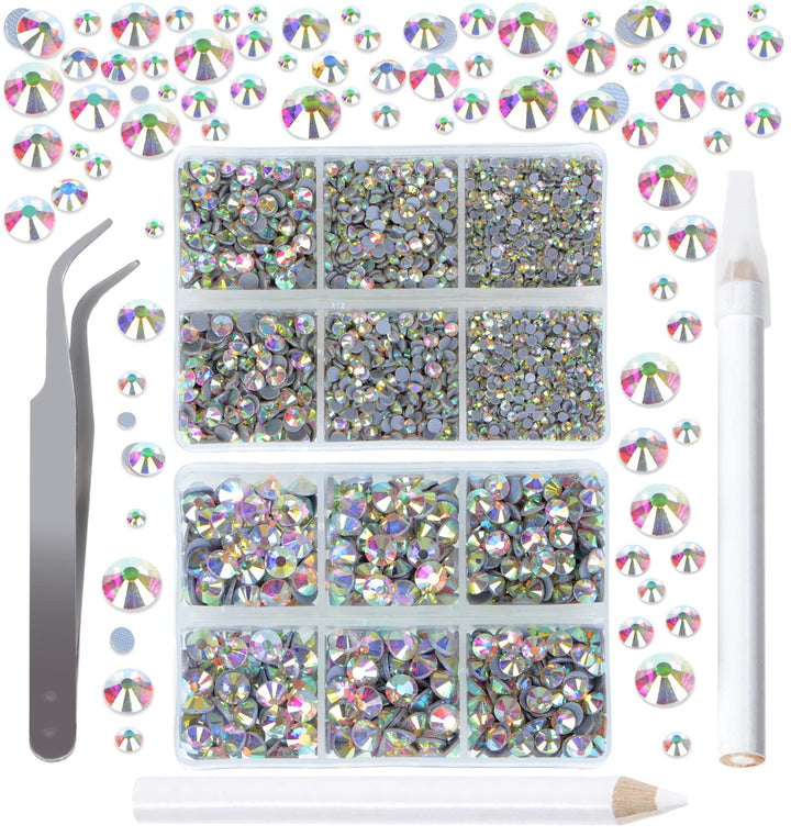 QOGIL 6300pcs Clear AB Hotfix Rhinestones for Crafts Clothes DIY with Tweezers and 2 Picking Pens Mixed Size Flatback Rhinestone