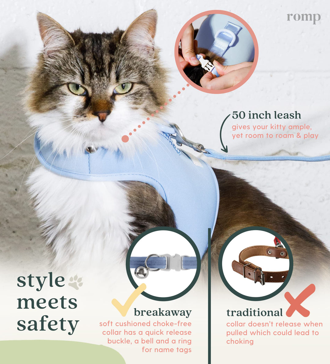 Cat Harness, Collar & Leash Set - Escape Proof Adjustable Choke Free Velcro Harness Vest for Walking Cats & Kittens (Cotton Blue, Medium)