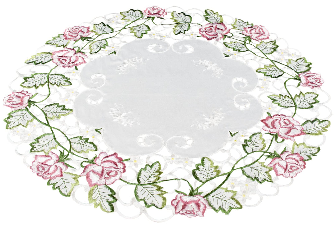 Embroidered Victorian Pink Rose with Green Cut Work on Ivory Large Doily, Small Table Centerpiece, Placemat (22 Inch Round)