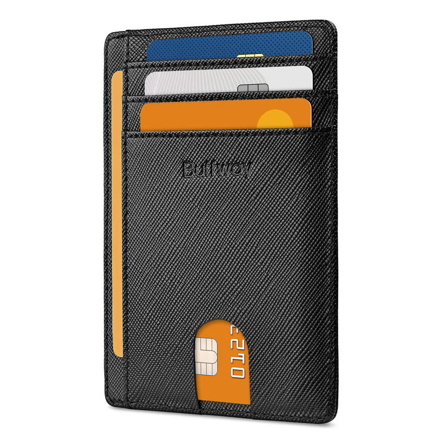 Slim Minimalist Front Pocket RFID Blocking Leather Wallets for Men and Women - Cross Black