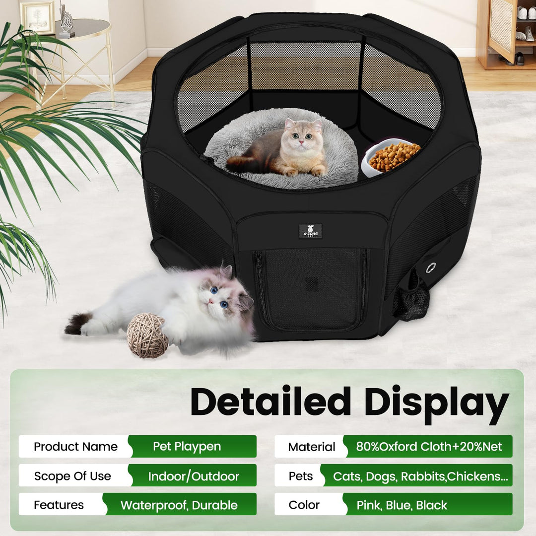 Dog Playpen Portable Pet Play Pens for Puppies, Cat, Rabbit, Chicks, Foldable Exercise Play Tent Kennel Crate, Indoor/Outdoor Travel Camping Black Large