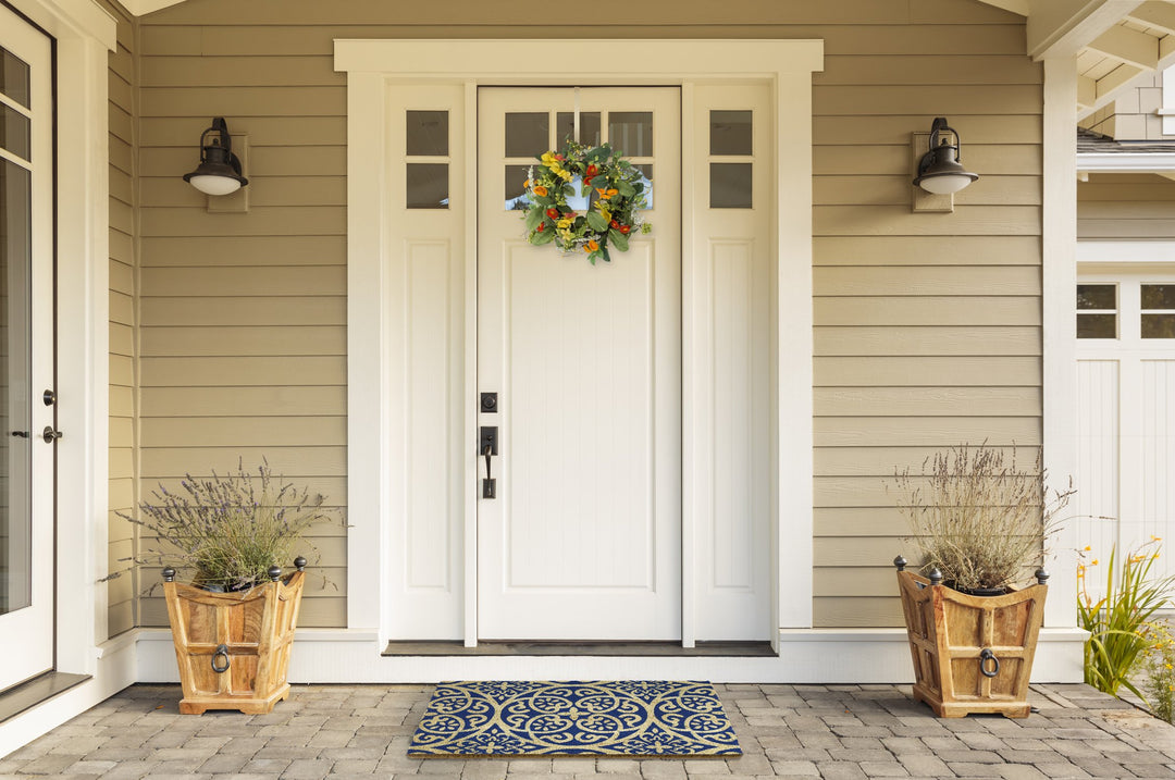 Natural Coir Geometric Modern Outdoor Door Mat, Front Porch Décor, 17x29, Blue Tunisia Scroll